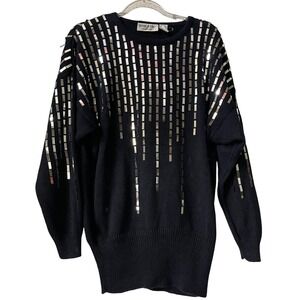 Bonnie Boerer Vintage Sequin Sweater‎ M Black Avant Garde 80s Metallic Statement
